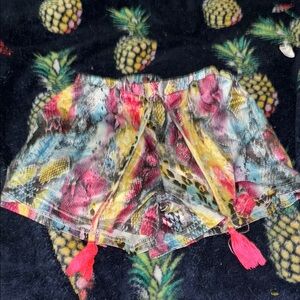 Pink and Yellow Tropical Print Shorts with Tassels